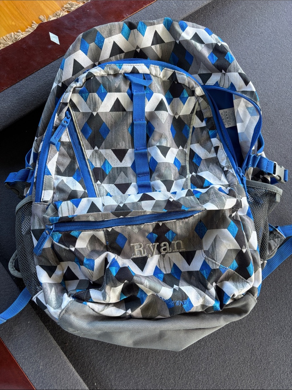 Lands' End Gray & Blue Geometric Kids Backpack